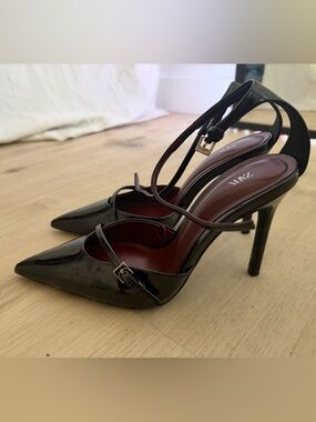 ZARA Black Patent Pointed Mary‑Jane Strap Heels